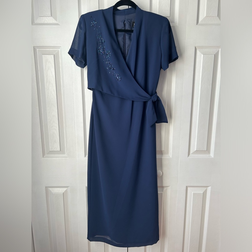 NWT vintage navy blue floral beaded maxi wrap dress - 6 petite